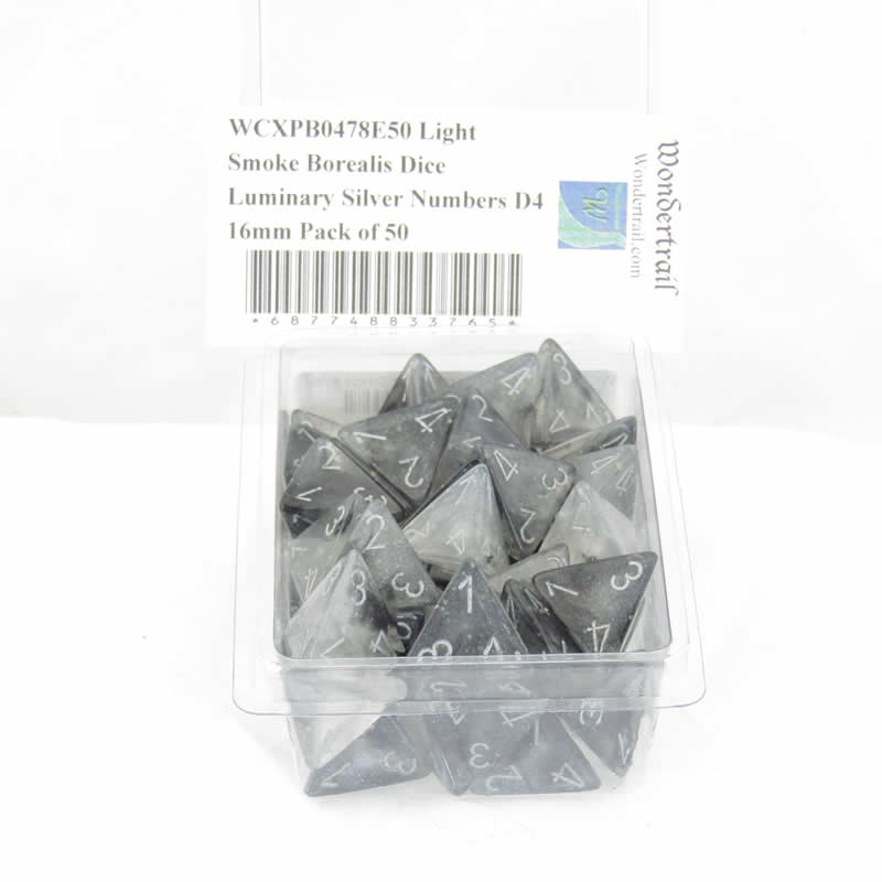 WCXPB0478E50 Light Smoke Borealis Dice Luminary Silver Numbers D4 16mm Pack of 50 Main Image