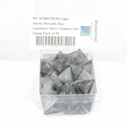 WCXPB0478E50 Light Smoke Borealis Dice Luminary Silver Numbers D4 16mm Pack of 50 Main Image