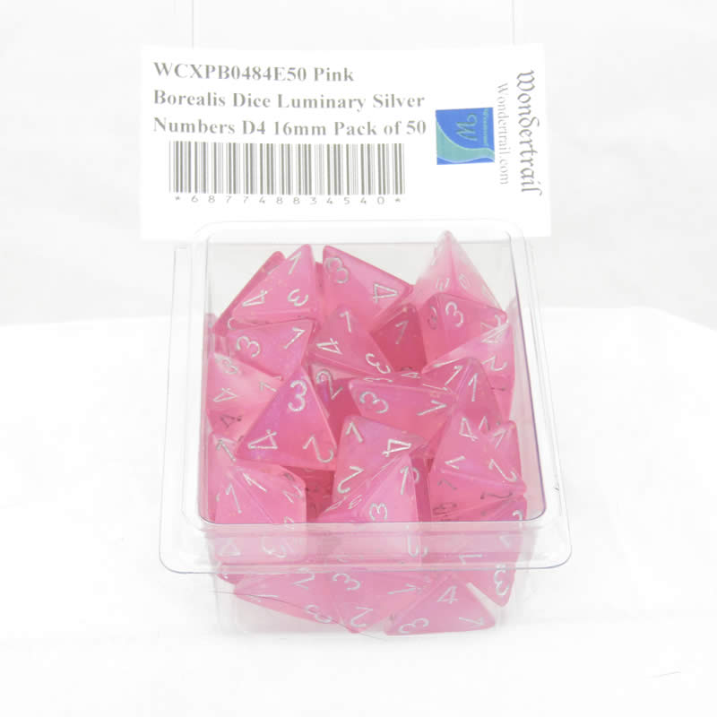 WCXPB0484E50 Pink Borealis Dice Luminary Silver Numbers D4 16mm Pack of 50 2nd Image