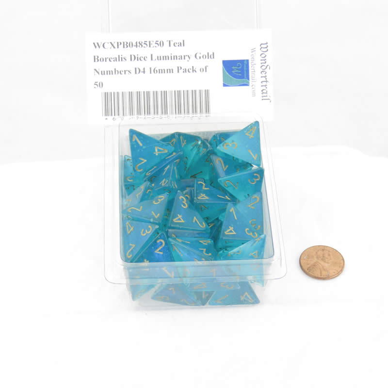 WCXPB0485E50 Teal Borealis Dice Luminary Gold Numbers D4 16mm Pack of 50 2nd Image