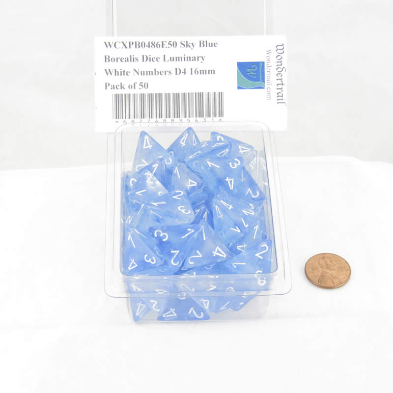 WCXPB0486E50 Sky Blue Borealis Dice Luminary White Numbers D4 16mm Pack of 50 2nd Image