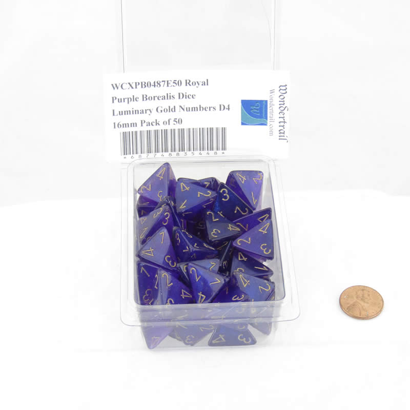 WCXPB0487E50 Royal Purple Borealis Dice Luminary Gold Numbers D4 16mm Pack of 50 2nd Image