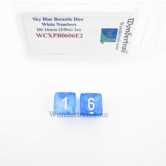 WCXPB0606E2 Sky Blue Borealis Dice White Numbers D6 16mm Pack of 2 Main Image