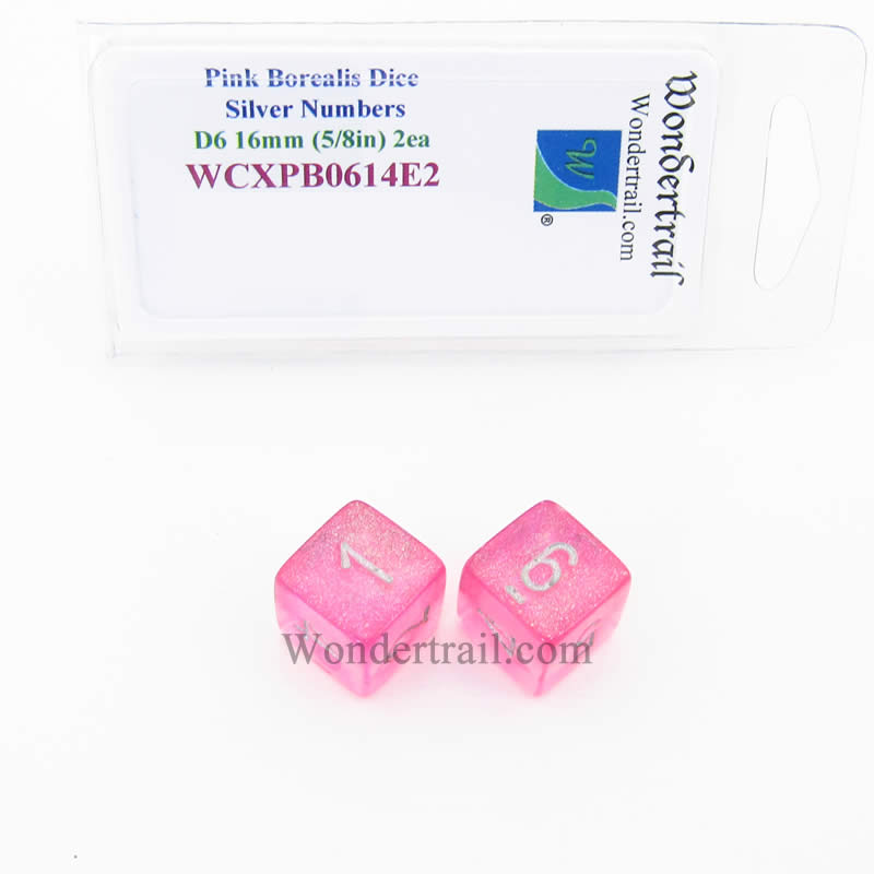 WCXPB0614E2 Pink Borealis Dice Silver Numbers D6 16mm (5/8in) Pack of 2 Main Image