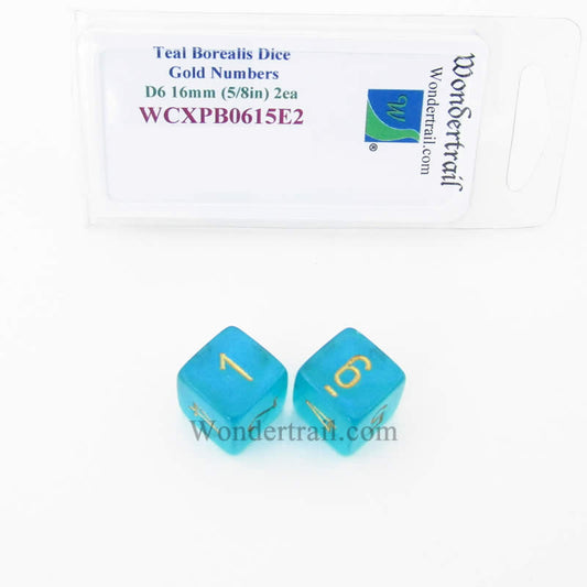 WCXPB0615E2 Teal Borealis Dice Gold Numbers D6 16mm (5/8in) Pack of 2 Main Image