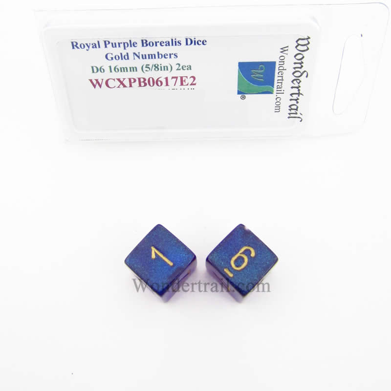 WCXPB0617E2 Royal Purple Borealis Dice Gold Numbers D6 16mm Pack of 2 Main Image