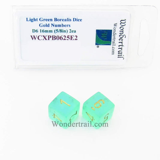 WCXPB0625E2 Light Green Borealis Dice Gold Numbers D6 16mm Pack of 2 Main Image