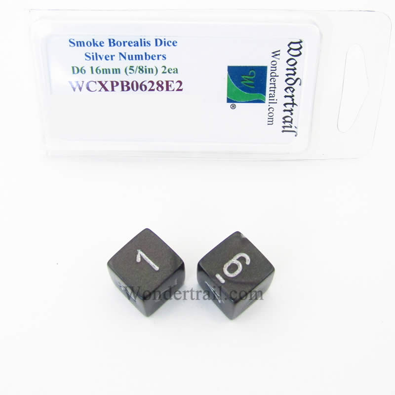 WCXPB0628E2 Smoke Borealis Dice Silver Numbers D6 16mm Pack of 2 Main Image