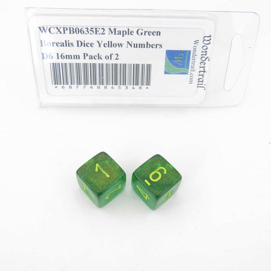 WCXPB0635E2 Maple Green Borealis Dice Yellow Numbers D6 16mm Pack of 2 Main Image