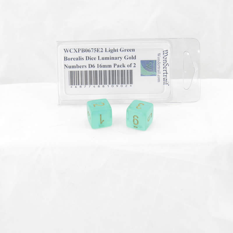 WCXPB0675E2 Light Green Borealis Dice Luminary Gold Numbers D6 16mm Pack of 2 Main Image