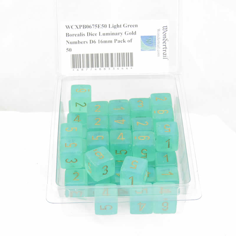 WCXPB0675E50 Light Green Borealis Dice Luminary Gold Numbers D6 16mm Pack of 50 Main Image