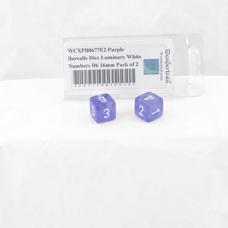 WCXPB0677E2 Purple Borealis Dice Luminary White Numbers D6 16mm Pack of 2 Main Image
