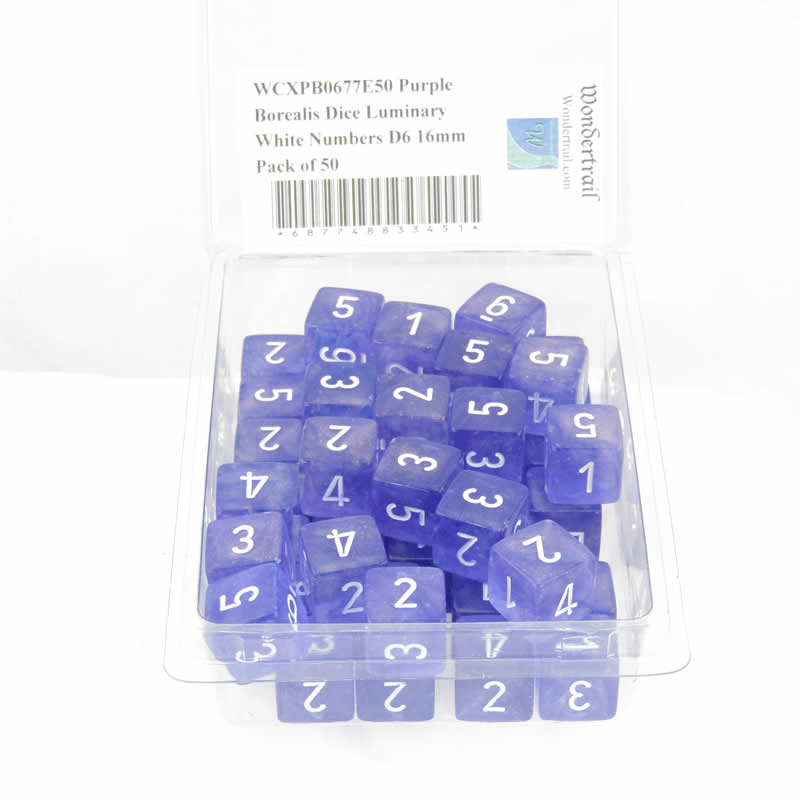 WCXPB0677E50 Purple Borealis Dice Luminary White Numbers D6 16mm Pack of 50 Main Image