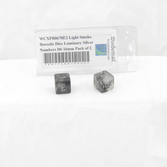 WCXPB0678E2 Light Smoke Borealis Dice Luminary Silver Numbers D6 16mm Pack of 2 Main Image