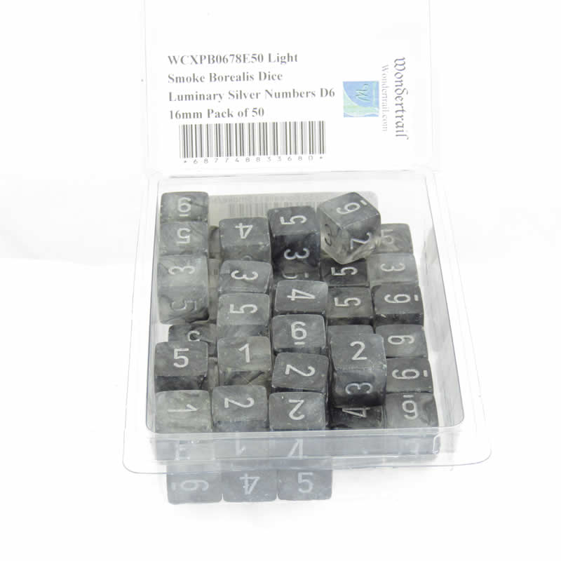 WCXPB0678E50 Light Smoke Borealis Dice Luminary Silver Numbers D6 16mm Pack of 50 Main Image