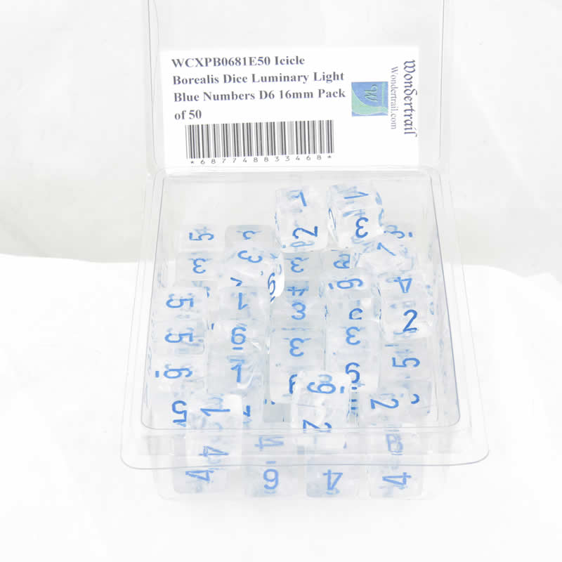 WCXPB0681E50 Icicle Borealis Dice Luminary Light Blue Numbers D6 16mm Pack of 50 Main Image