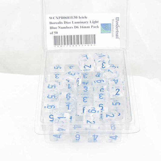 WCXPB0681E50 Icicle Borealis Dice Luminary Light Blue Numbers D6 16mm Pack of 50 Main Image