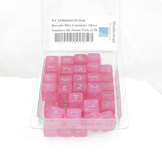 WCXPB0684E50 Pink Borealis Dice Luminary Silver Numbers D6 16mm Pack of 50 Main Image
