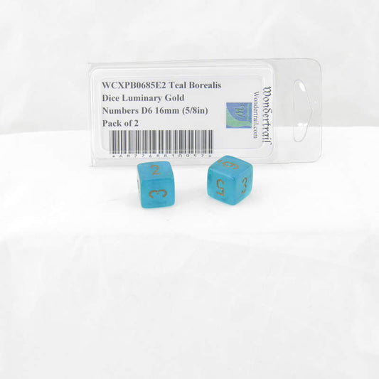 WCXPB0685E2 Teal Borealis Dice Luminary Gold Numbers D6 16mm (5/8in) Pack of 2 Main Image