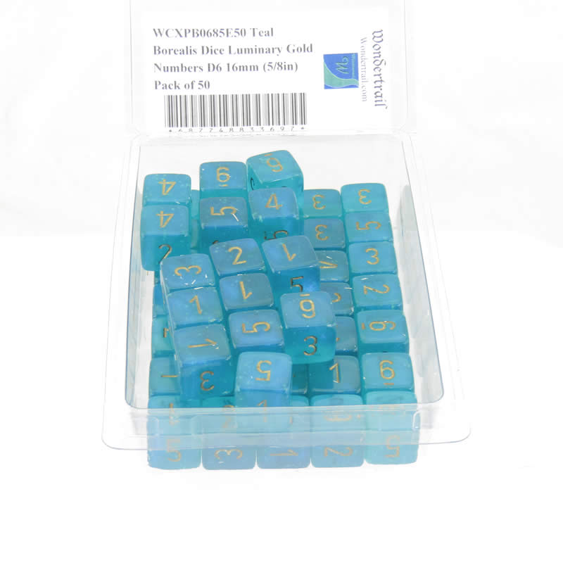 WCXPB0685E50 Teal Borealis Dice Luminary Gold Numbers D6 16mm (5/8in) Pack of 50 2nd Image