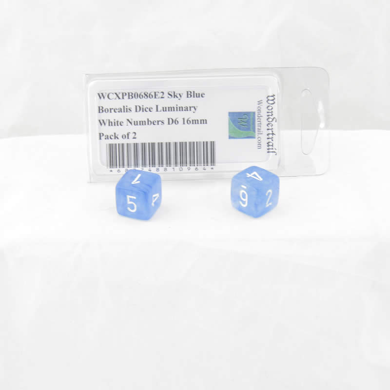 WCXPB0686E2 Sky Blue Borealis Dice Luminary White Numbers D6 16mm Pack of 2 Main Image