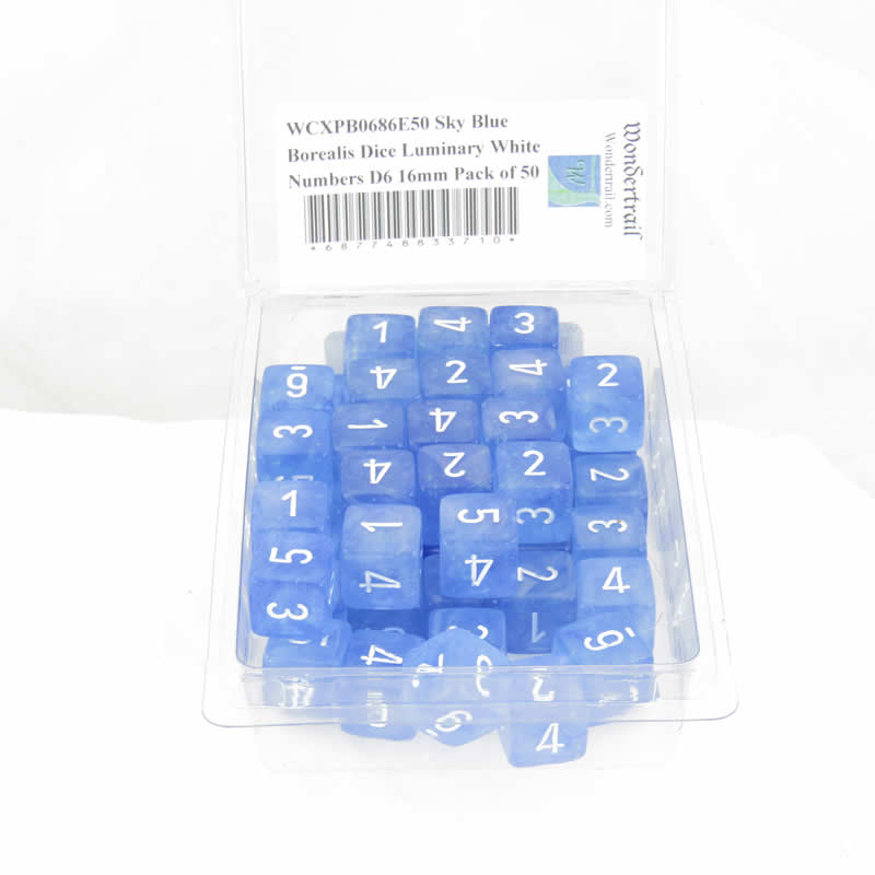 WCXPB0686E50 Sky Blue Borealis Dice Luminary White Numbers D6 16mm Pack of 50 Main Image