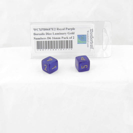 WCXPB0687E2 Royal Purple Borealis Dice Luminary Gold Numbers D6 16mm Pack of 2 Main Image