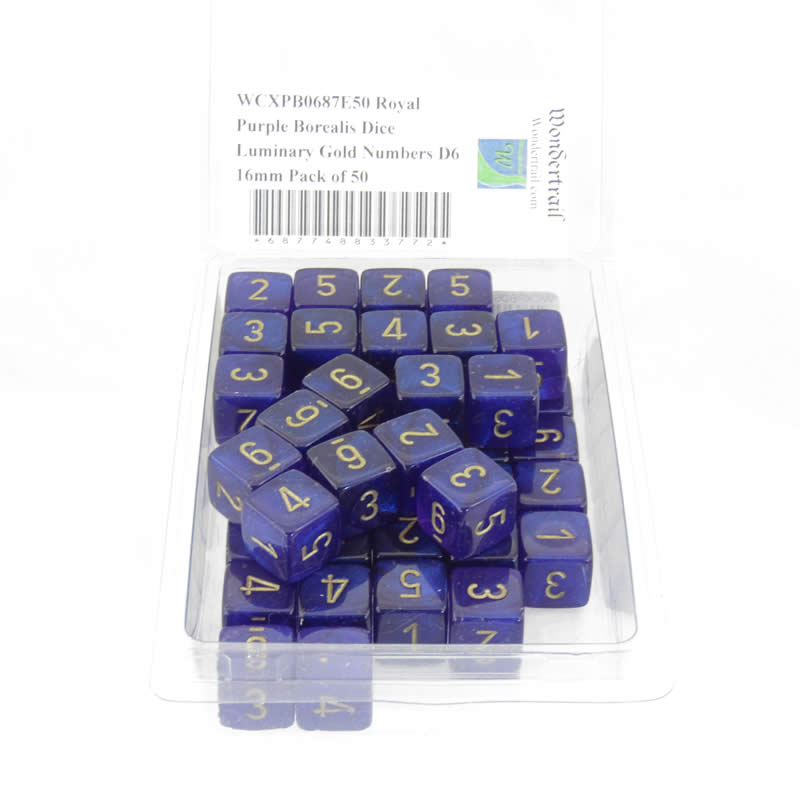 WCXPB0687E50 Royal Purple Borealis Dice Luminary Gold Numbers D6 16mm Pack of 50 2nd Image