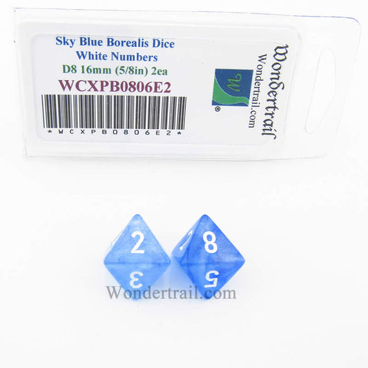 WCXPB0806E2 Sky Blue Borealis Dice White Numbers D8 16mm Pack of 2 Main Image