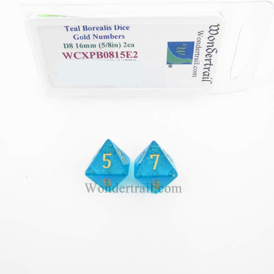 WCXPB0815E2 Teal Borealis Dice Gold Numbers D8 16mm Pack of 2 Main Image