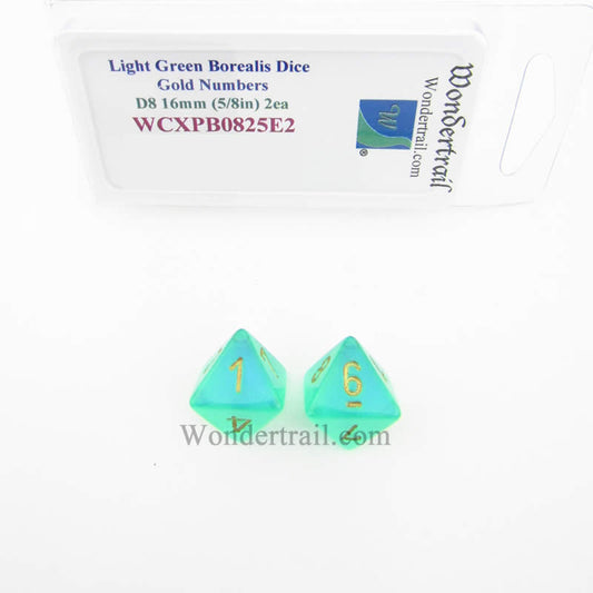 WCXPB0825E2 Light Green Borealis Dice Gold Numbers D8 16mm Pack of 2 Main Image