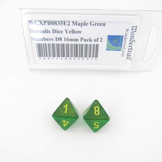 WCXPB0835E2 Maple Green Borealis Dice Yellow Numbers D8 16mm Pack of 2 Main Image