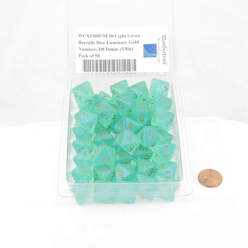 WCXPB0875E50 Light Green Borealis Dice Luminary Gold Numbers D8 16mm (5/8in) Pack of 50 2nd Image