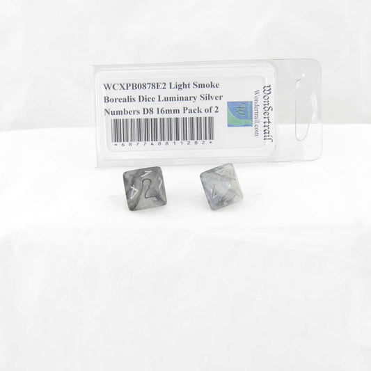 WCXPB0878E2 Light Smoke Borealis Dice Luminary Silver Numbers D8 16mm Pack of 2 Main Image