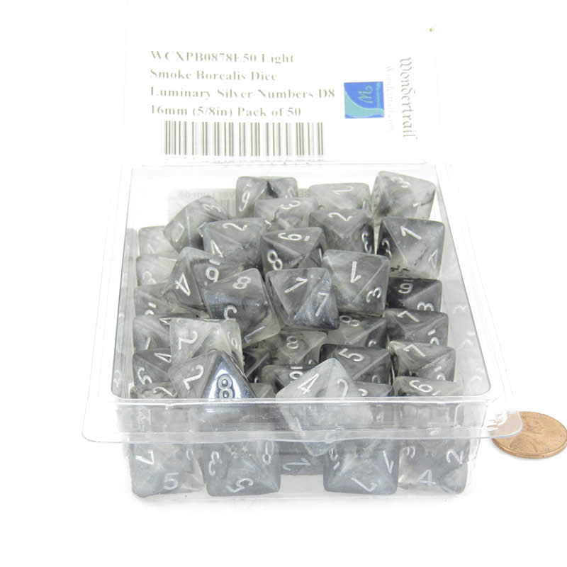 WCXPB0878E50 Light Smoke Borealis Dice Luminary Silver Numbers D8 16mm (5/8in) Pack of 50 2nd Image