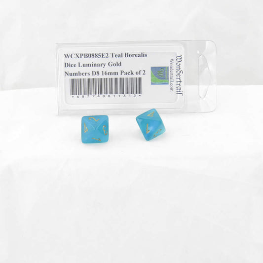 WCXPB0885E2 Teal Borealis Dice Luminary Gold Numbers D8 16mm Pack of 2 Main Image