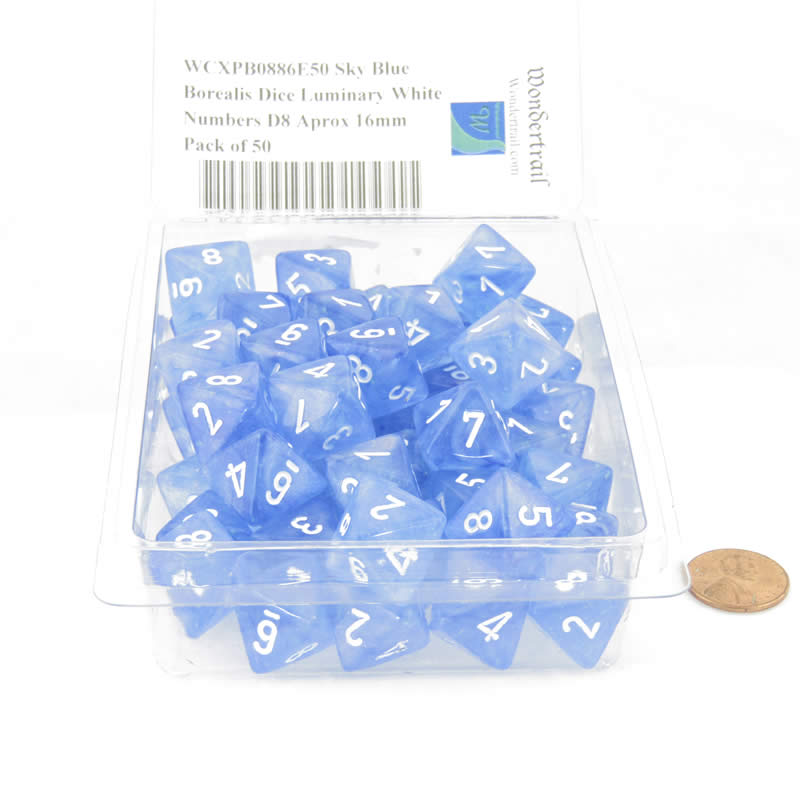 WCXPB0886E50 Sky Blue Borealis Dice Luminary White Numbers D8 Aprox 16mm Pack of 50 2nd Image