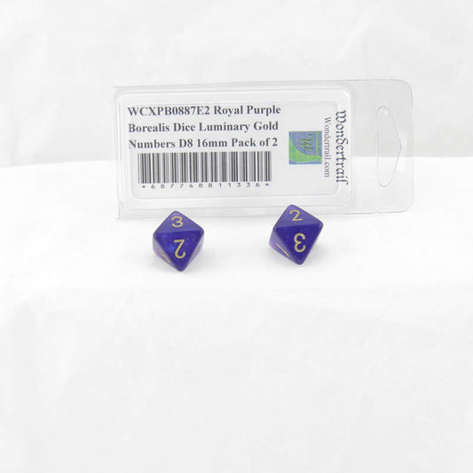 WCXPB0887E2 Royal Purple Borealis Dice Luminary Gold Numbers D8 16mm Pack of 2 Main Image