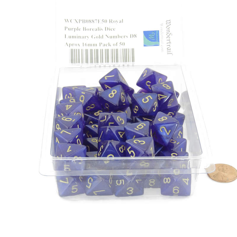 WCXPB0887E50 Royal Purple Borealis Dice Luminary Gold Numbers D8 Aprox 16mm Pack of 50 2nd Image