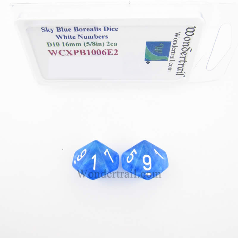 WCXPB1006E2 Sky Blue Borealis Dice White Numbers D10 16mm Pack of 2 Main Image