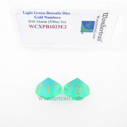 WCXPB1025E2 Light Green Borealis Dice Gold Numbers D10 16mm Pack of 2 Main Image