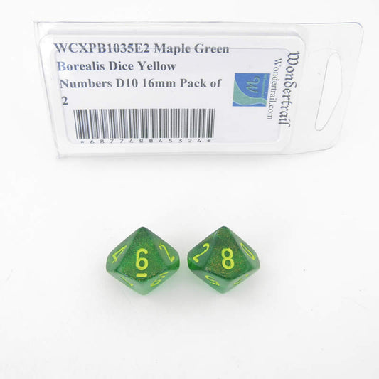 WCXPB1035E2 Maple Green Borealis Dice Yellow Numbers D10 16mm Pack of 2 Main Image