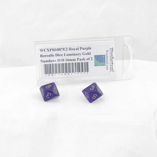 WCXPB1087E2 Royal Purple Borealis Dice Luminary Gold Numbers D10 16mm Pack of 2 Main Image