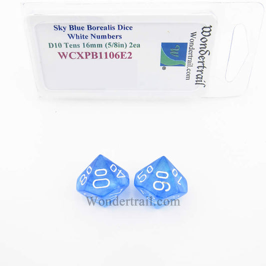 WCXPB1106E2 Sky Blue Borealis Dice White Numbers D10 Tens 16mm Pack of 2 Main Image