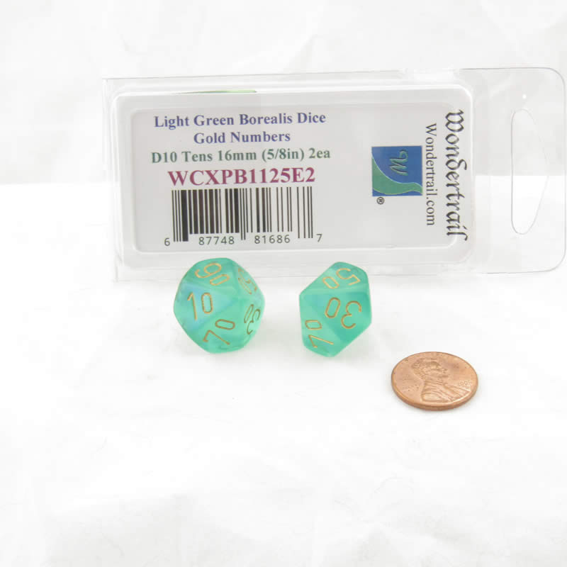 WCXPB1125E2 Light Green Borealis Dice Gold Numbers D10 Tens 16mm Pack of 2 2nd Image
