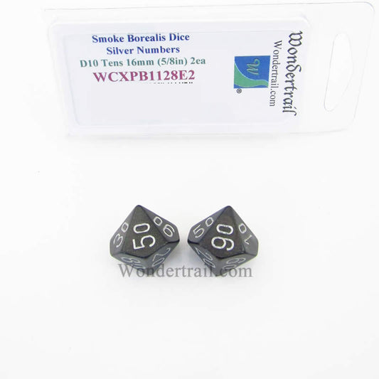 WCXPB1128E2 Smoke Borealis Dice Silver Numbers D10 Tens 16mm Pack of 2 Main Image