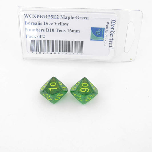 WCXPB1135E2 Maple Green Borealis Dice Yellow Numbers D10 Tens 16mm Pack of 2 Main Image