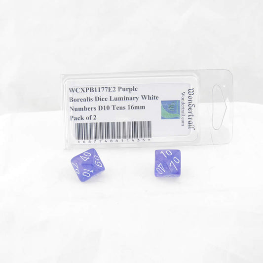 WCXPB1177E2 Purple Borealis Dice Luminary White Numbers D10 Tens 16mm Pack of 2 Main Image