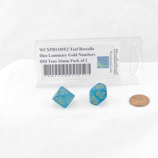 WCXPB1185E2 Teal Borealis Dice Luminary Gold Numbers D10 Tens 16mm Pack of 2 Main Image