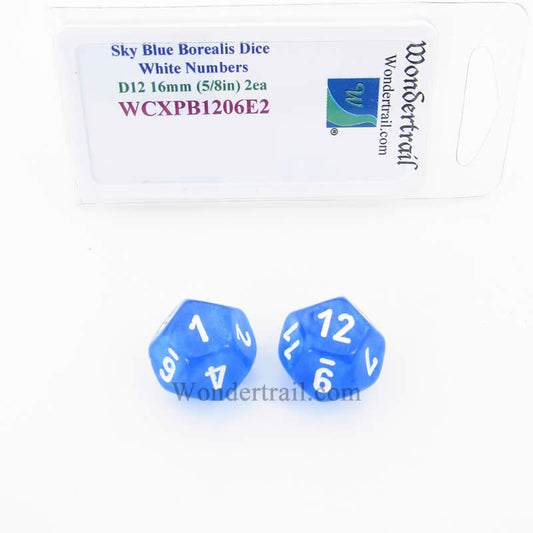 WCXPB1206E2 Sky Blue Borealis Dice White Numbers D12 16mm Pack of 2 Main Image